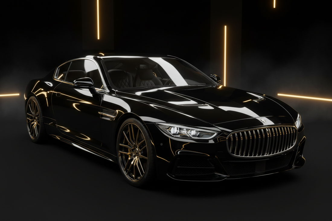 A gleaming black luxury car with a mirror-perfect paint finish, reflecting gold light — the Million Dollar standard of vehicle presentation
