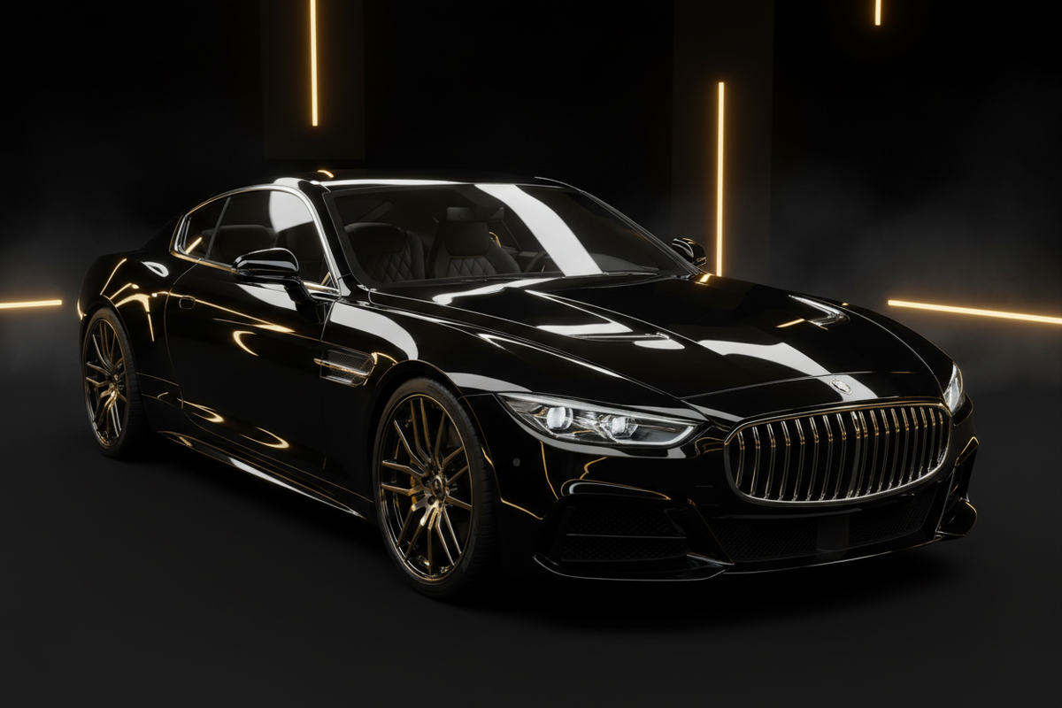 A gleaming black luxury car with a mirror-perfect paint finish, reflecting gold light — the Million Dollar standard of vehicle presentation